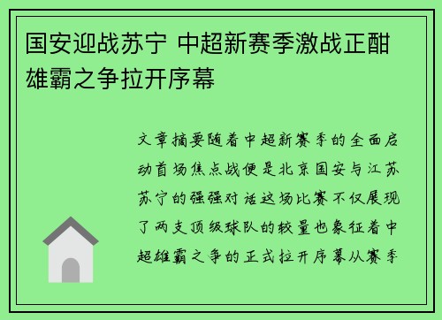 国安迎战苏宁 中超新赛季激战正酣 雄霸之争拉开序幕