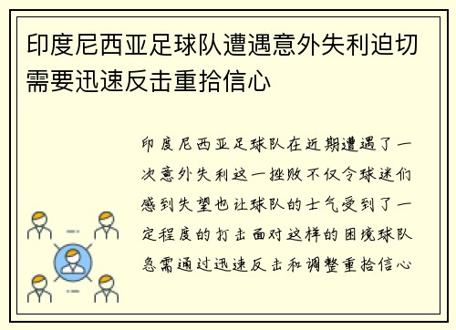 印度尼西亚足球队遭遇意外失利迫切需要迅速反击重拾信心